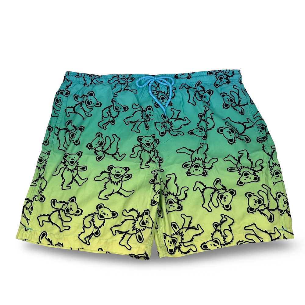 Grateful Dead Mens XL Dancing Bears Ombre Swim Trunks‎ Teal Green Bathing Suit